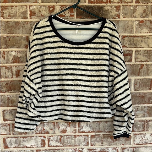 Free People Sweaters - Free People Briton Black and White Striped Fuzzy Knit Cropped Sweater